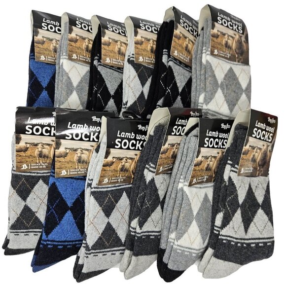 Men Wool Socks Lamb Wool Warm Winter Crew Socks Argyle Print 10-13 12-PACK, NWT - Picture 1 of 4